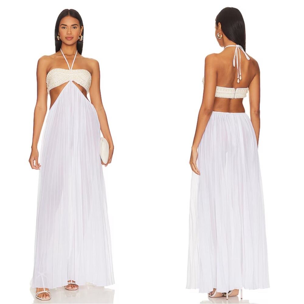 RETROFETE Ximena Pearl Embellished Cutout Pleated White Maxi Dress Size XL - Picture 3 of 10